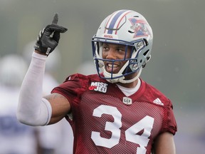 Linebacker Kyries Hebert takes part in the Montreal Alouettes' training camp at Bishop's University in Lennoxville on May 29, 2016.