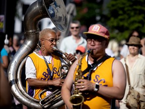 The Urban Science Brass Band, seen playing at the jazz fest in July, is among the free outdoor acts at C2 Montréal.