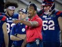 Former Montreal Alouettes defensive coordinator Barron Miles directs his players during game against the Hamilton Tiger-Cats in Montreal on Aug. 27, 2021. 