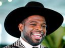 P.K. Subban wears a cowboy hat while doing media interviews before his fundraising dinner for his charitable foundation in Montreal on Aug. 30, 2018.