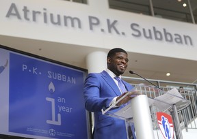 Former Montreal Canadiens defenceman, P.K. Subban speaks in the atrium that bears his name at the Montreal Children's Hospital on Aug. 31, 2016.