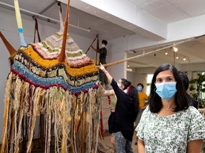 The Oboro exhibition space's mask policy is "an unobtrusive way to ensure maximum safety for everyone," says artistic director Tamar Tembeck, alongside a piece from Sarabeth Triviño’s Mapu: Sacred Land.