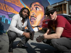 Jonathan Emile, left, and Paul Cargnello in front of a mural dedicated to the memory of Nicholas Gibbs, who was shot and killed by Montreal police in 2018. Emile and Cargnello will be part of the MTL vs. Racisme concert on Saturday, Sept. 10.