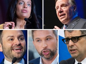 Clockwise from left: Quebec Liberal Party leader Dominique Anglade, Coalition Avenir Québec leader François Legault, Quebec Conservative Party leader Éric Duhaime, Québec Solidaire co-spokesperson , Gabriel Nadeau-Dubois, the leader of the Parti Québécois, Paul St-Pierre Plamondon.