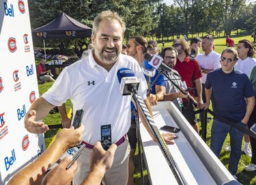 Montreal Canadiens owner/president Geoff Molson speaks to reporters prior to the team's annual golf tournament in Laval on Sept. 12, 2022.