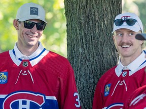 Goalie Carey Price (left) laughs with his teammates at the Canadiens Golf Championship on Monday at Laval-sur-le-Lac.