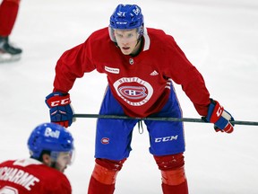 Defenceman Kaiden Guhle waits his turn during drills during the first day of the Montreal Canadiens' rookie camp at the Bell Sports Complex in Brossard on Sept. 16, 2021.