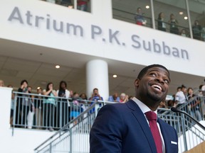P.K. Subban smiles during an announcement that would help raise $10 million through his foundation for the Montreal Children's Hospital Foundation in an atrium that bears his name on Sept. 16, 2015.