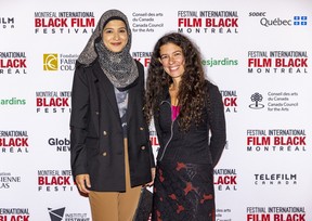Shahad Salman, left, and director Jacinthe Moffatt on the red carpet on opening night of the Montreal International Black Film Festival and prior to the international premiere of Matt Walkeck's Lovely Jackson, Tuesday, Sept. 20, 2022.  Moffat's film Rendre Justice is on the festival's program.
