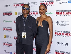 Maelle Bonnegrace, left, filmmaker of Louder, with her partner Ines Destonaines on the red carpet on opening night of the Montreal International Black Film Festival and prior to the international premiere of Matt Walkeck's Lovely Jackson, Tuesday, Sept.20, 2022.