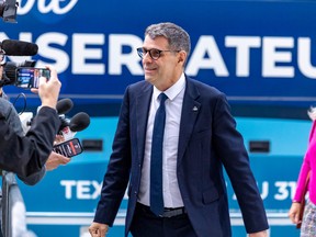 Conservative Leader Éric Duhaime arrives for provincial leaders' debate at Radio-Canada in Montreal Sept. 22, 2022.