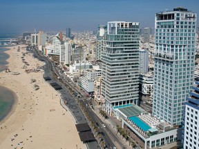The luxurious David Kempinski Tel Aviv (far right) is the newest luxury hotel on Tel Aviv's Mediterranean coast.