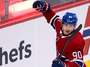 Canadiens' Anthony Richard celebrates after scoring his second goal in an inter-squad scrimmage game in Montreal on Sunday, Sept. 25, 2022.