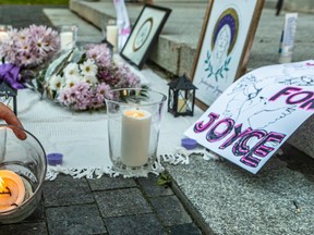 A vigil with health workers was held at Place du Canada in Montreal Sept. 28, 2022 in memory of Joyce Echaquan, the Atikemekw woman who filmed herself being mocked at Joliette Hospital as she was dying in 2020.