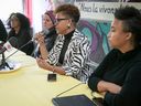 Members of Montreal North community groups speak out against the Équipe-école initiative at a news conference on Thursday September 29, 2022. From left: Blain Haile, Samira Jasmin, Marlihan Lopez and Nanre Nafziger.