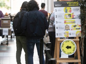 Voters wait to cast their ballots in Westmount–St-Louis riding, in the Quebec provincial election on Monday October 1, 2018.