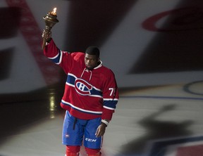 P.K. Subban takes part in a pre-game ceremony before the Montreal Canadiens' home opener at the Bell Centre on Oct. 15, 2015 in Montreal.
