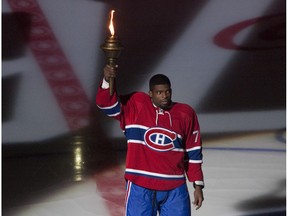 P.K. Subban takes part in a ceremony before the Canadiens' home opener at the Bell Centre in 2015.
