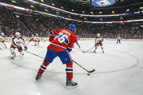 Montreal Canadiens defenceman P.K. Subban looks to make a pass during a game against the Columbus Blue Jackets at the Bell Centre on Dec. 1, 2015.
