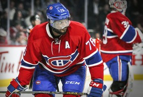 Montreal Canadiens defenceman P.K. Subban rests his stick on his knees between plays during second period ofa  game against the Boston Bruins on Dec. 9, 2015.