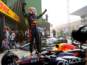 Red Bull Racing's Dutch driver Max Verstappen celebrates after winning the Dutch Formula One Grand Prix at the Zandvoort circuit on Sunday, Sept. 4, 2022.