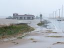 Youth hostel Paradis Bleu is surrounded by high water caused by post-tropical storm Fiona on Îles-de-la-Madeleine, Saturday, Sept. 24, 2022.
