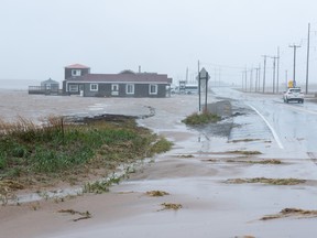 The Paradis Bleu youth hostel is surrounded by high water caused by post-tropical storm Fiona in Îles-de-la-Madeleine, on Saturday, September 24, 2022.