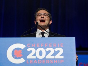 Pierre Poilievre speaks after being elected as the new leader of Canada's Conservative Party in Ottawa on September 10, 2022.