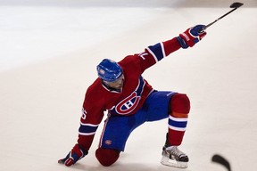 Montreal Canadiens defenceman P. K. Subban celebrates after scoring the game winning goal against the Calgary Flames at the Bell Centre on Jan. 17, 2011.