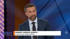 Québec solidaire co-spokesperson Gabriel Nadeau-Dubois at a leaders debate hosted by Radio-Canada on Sept. 22, 2022 in Montreal.