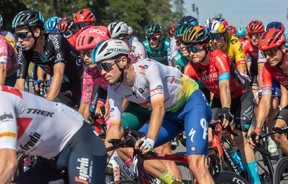 Riders navigate the Grand Prix Cyclistes course in Montreal on Sept. 11, 2022.