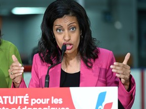 Quebec Liberal Leader Dominique Anglade responds to questions at a news conference Aug. 31, 2022  in St-Agapit.