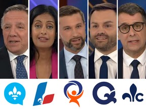 Quebec party leaders, from left: François Legault (Coalition Avenir Québec), Dominique Anglade (Liberal Party), Gabriel Nadeau-Dubois (Québec solidaire), Paul St-Pierre Plamondon (Parti Québécois) and Éric Duhaime (Conservative Party) at a leaders debate hosted by Radio-Canada in Montreal on Thursday, Sept. 22, 2022.