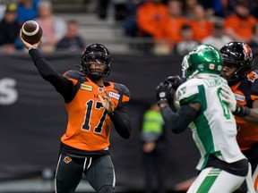 B.C. Lions quarterback Antonio Pipkin throws a pass against the Saskatchewan Roughriders in the second half at BC Place in Vancouver on Aug. 26, 2022.