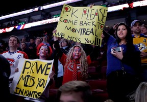 Habs fans hold placards honoring PK Subban during his first game at the Bell Center since he was traded to the Predators on March 2, 2017.