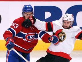 Canadiens' Arber Xhekaj was a physical force during pre-season last year when he engaged with the Senators' Mark Kastelic.