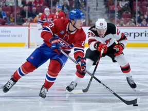 Canadiens forward Juraj Slafkovsky carries the puck during NHL preseason game against the New Jersey Devils at the Bell Centre on Monday night.