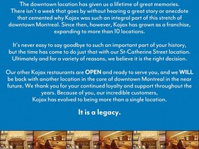 Kojax announces it is closing its 45-year-old downtown location in a Facebook post.