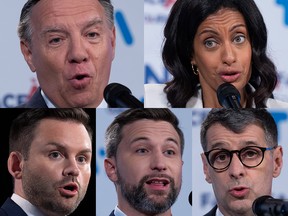 Quebec party leaders after their debate Sept. 15, 2022. Top: François Legault (CAQ) and Dominique Anglade (Liberal Party). Bottom: Paul St-Pierre Plamondon (PQ), Gabriel Nadeau-Dubois (Québec solidaire), Éric Duhaime (Conservative Party).