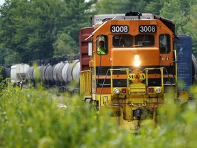 A St. Lawrence & Atlantic freight train travels Wednesday, Sept. 7, 2022, in Auburn, Maine. A proposed Boston-to-Montreal passenger train would travel through Maine on tracks north of Portland currently used only by freight trains.