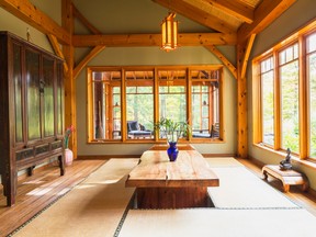 In the dining room, the suar wood table is in a hollow space.