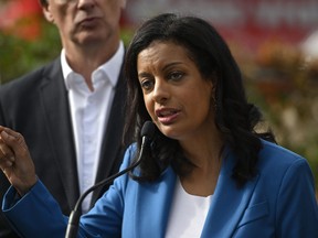 Quebec Liberal leader Dominique Anglade speaks at a campaign event at a daycare in Gatineau during the 2022 Quebec general election on Friday, Sept. 2, 2022.