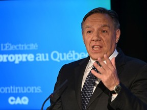 Coalition Avenir Quebec Leader François Legault speaks to business people on Sept. 6, 2022  in Becancour, Que.