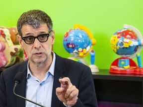 Conservative Party of Quebec Leader Éric Duhaime responds to a question during a news conference in a Montreal daycare.