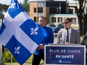 Quebec Conservative Party leader Eric Duhaime speaks to the media in front of the Lachute hospital while campaigning Friday, September 2, 2022  in Lachute. Quebec votes in the provincial election Oct. 3, 2022.THE CANADIAN PRESS/Ryan Remiorz