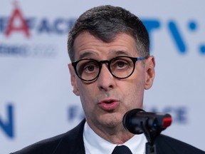 Conservative Leader Eric Duhaime responds to questions following the leaders debate in Montreal, on Thursday, September 15, 2022.