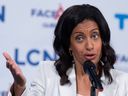 Liberal Leader Dominique Anglade responds to questions following the leaders debate in Montreal, on Thursday, September 15, 2022.
