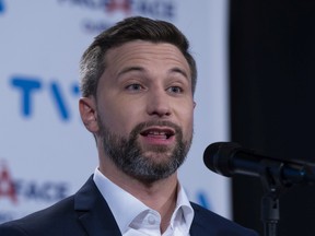 Québec solidaire co-spokesperson Gabriel Nadeau-Dubois responds to questions following the leaders debate in Montreal on Thursday, Sept. 15, 2022.