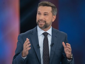Quebec Solidaire co-spokesperson Gabriel Nadeau-Dubois speaks during a leaders debate in Montreal, Thursday, September 22, 2022. Quebecers will go to the polls on October 3rd.