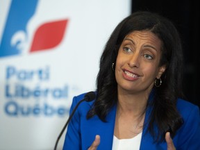 Quebec Liberal party leader Dominque Anglade unveils her party's costed platform at a campaign event in Montreal, Sunday, Sept. 4, 2022.
